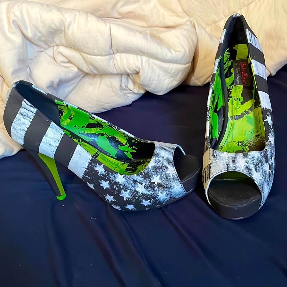 Black and white American flag open toe high heels